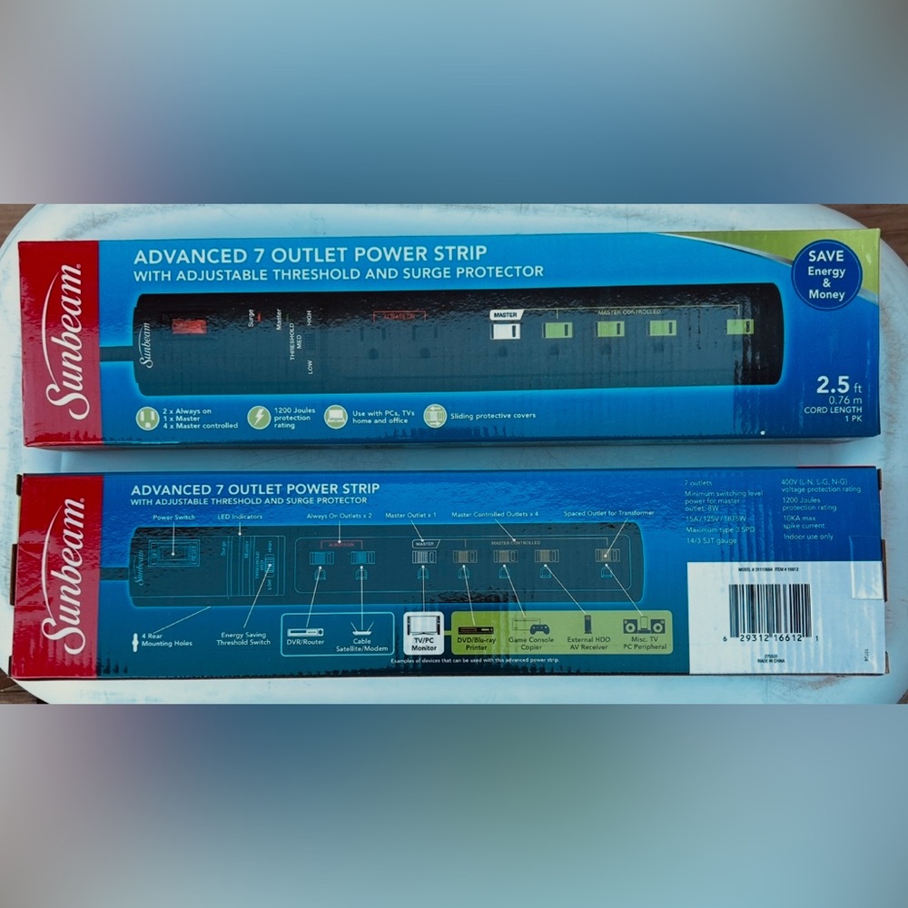 Sunbeam Blue and Black 7-Outlet Surge Protector